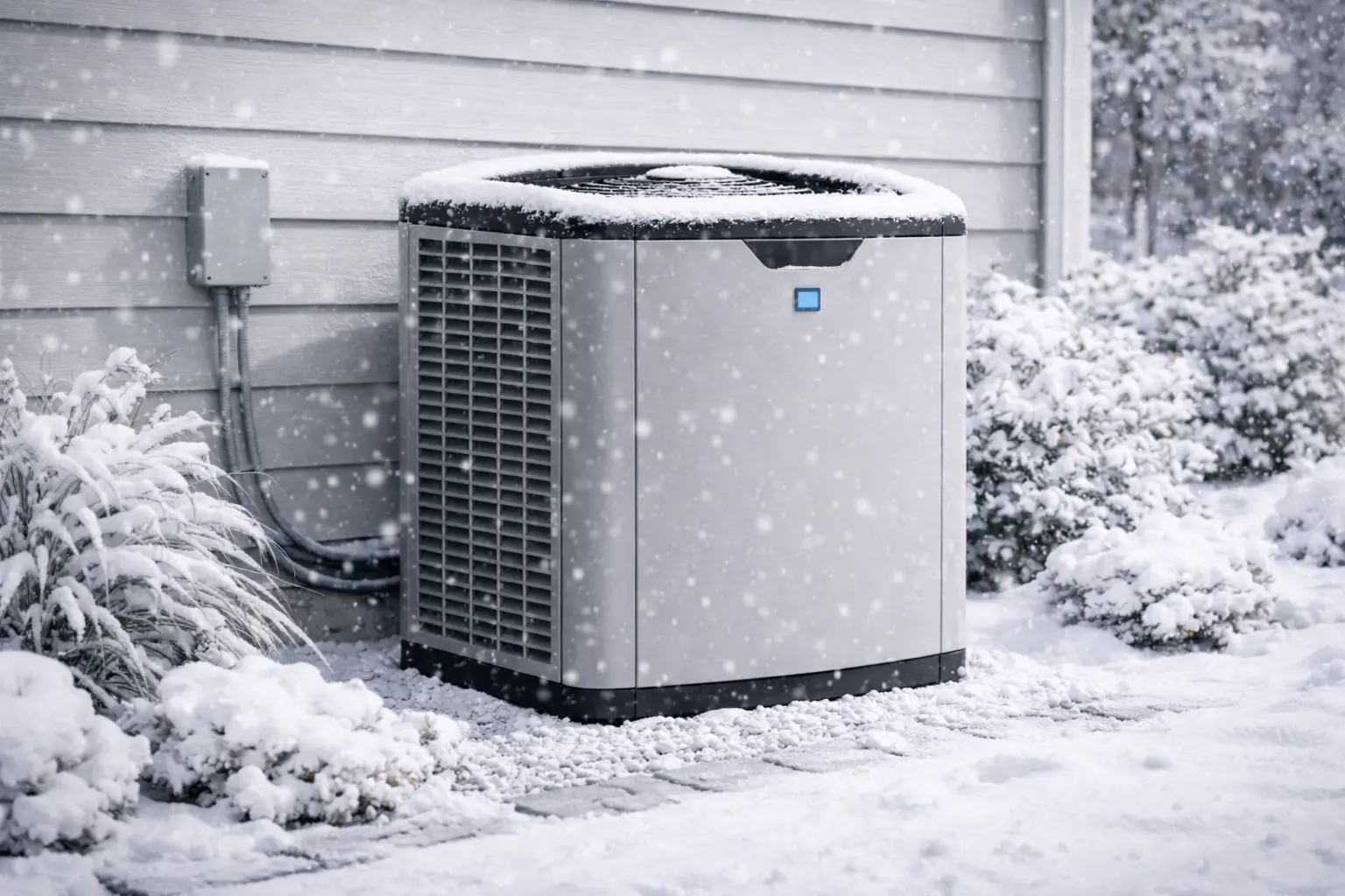 Heat pump outdoor unit in snow